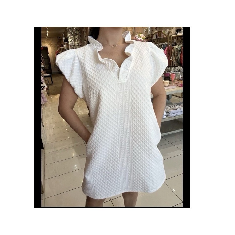 Entro Ecru White Textured Mini Dress Sz M Ruffle V Neck Pockets Puff Sleeve Boho